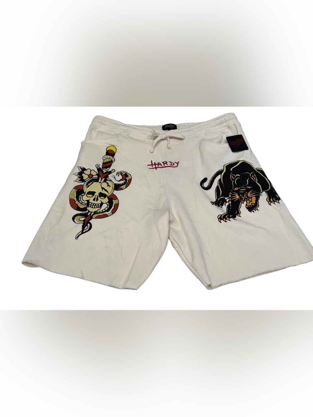 Ed Hardy Men's BlackPanther Skull  Sweat Shorts Cream Color Size XL NWT